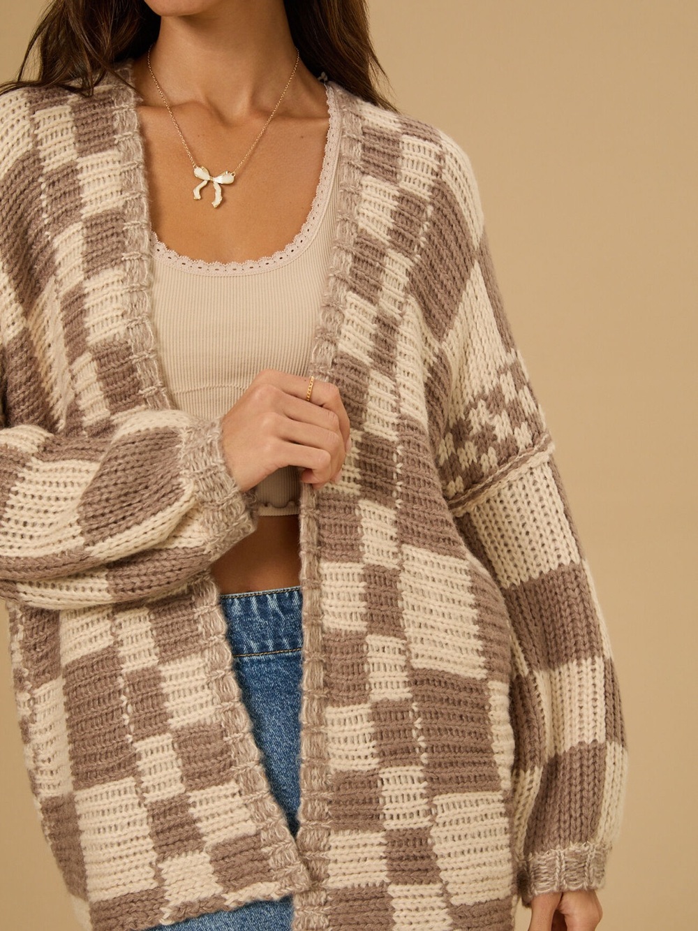 Altr’d State Cozy Taupe Check Knit Open Cardigan NWT